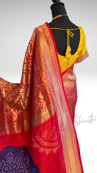 Red Benerasi Handloom silk saree Katan silk saree bandhej pallu Partywear Diwali online shopping with prestitched blouse