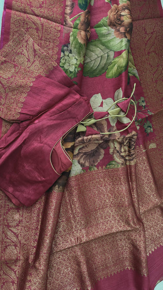 Shade of Magenta Tussar Katan silk saree online shopping with stitched blouse