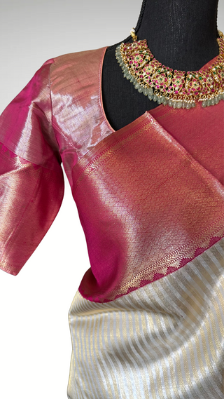 Gold tissue kanjivaram silk saree with stitched Indian wedding muhurtam silk bridal blouse online shopping usa