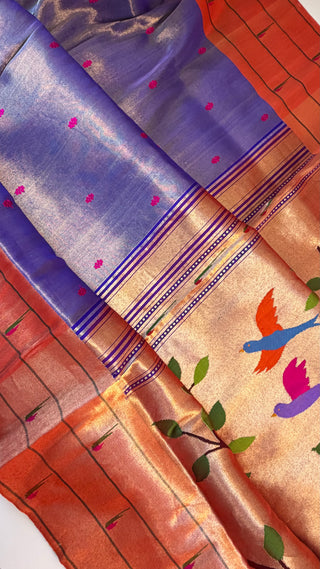 Original Tissue Pure  Paithani silk half over handwoven pastel saree online usa  all over pure zari paithani sarees usa comes with stitched blouse.