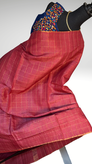 Rouge Pink Tussar pure silk saree embroidered blouse with pure handloom saree Handloom silk Tussar with embroidery silk blouses zari borders and fine checks Partywear bridesmaids