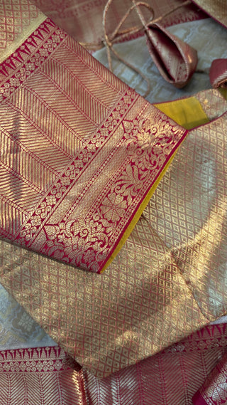 Gold Tissue Red Brocade Pure silk pattumuhurtam saree pure zari Kanjivaram silk saree with prestitched blouse embroidered blouse