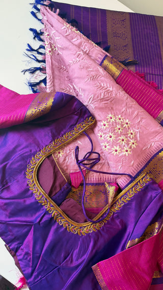 Pure hand embroidered Parsi embroidery  Kanjivaram pastel Embroidered Silk Saree pure silk saree silk finish with stitched blouse Partywear pooja wear ready to ship Saree USA