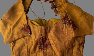 Silk blouse printed mustard floral readymade readytowear stitched blouse online usa sale latest brown blouse online usa saree usa