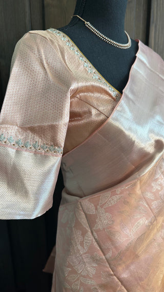 Brocade kanjivaram Rose gold silver zari with stitched blouse.