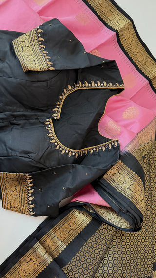 Pure Kanjivaram Handloom pure silk Pink black Handloom silk saree pure zari  Muhurtam Wedding Saree with ready to wear ship Blouse Online USA