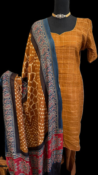 Tussar mustard  pure silk salwar set with gajji silk dupatta online shopping usa