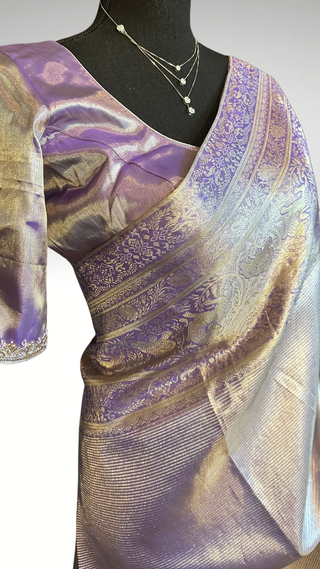 Pastel Lavender vaira oosi silver zari KANJIVARAM SAREE with Hand embroidered blouse