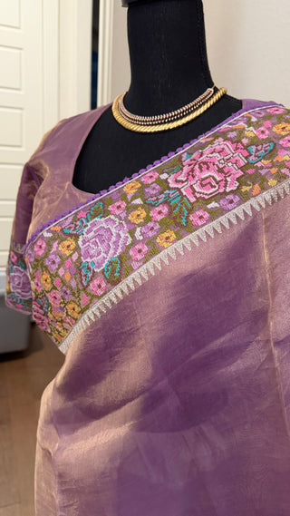 Pure Tissue Beneras pastel violet Party wear handloom handwoven pure silk saree stitched blouse saree readymade online USA