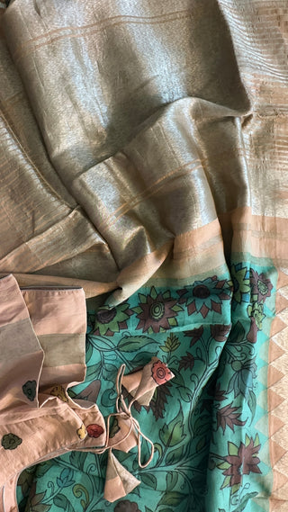 Turquiose Pen Kalamkari Kanchi pattu saree with silver zari pallu easy drape pure silk saree usa
