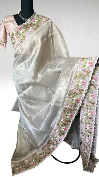 Pure Tissue zari kota gold embroidery handwoven pure silk saree stitched blouse saree readymade online USA