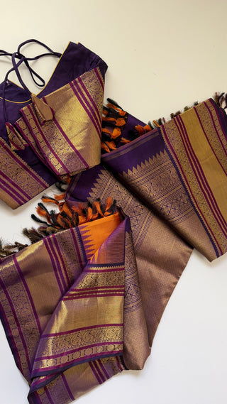 Apricot to Indigo Border Pure Kanjivaram Silk saree with stitched blouse ready to wear latest Diwali navarathri collection online USA