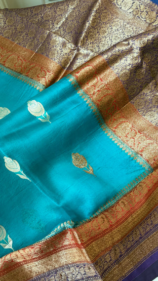 Pure Handloom teal beneras organza saree stitched blouse saree readymade online