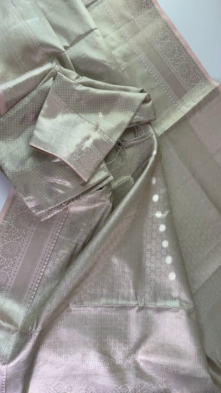 Handloom Kanjivaram silver tissue pure  kanchi pattu saree pastel pink online shopping with prestitched blouse usa