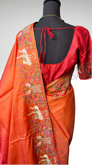 Handwoven Tussar Embroidery borders and pallu Partywear elegant beauty  one of kind print tussar silk saree  online and prestitched blouse