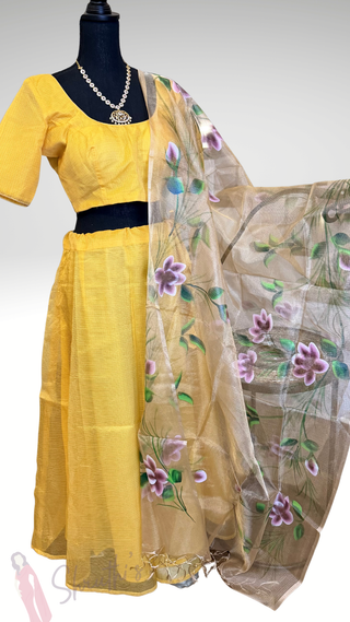 Canary yellow tissue pure zari Kota lehenga with stitched blouse hand painted tissue Kota dupatta