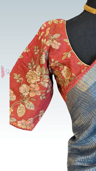 Handloom Tussar silk saree azure blue checks gold zari silk with embroidered  silk stitched blouses Partywear Indian saree usa