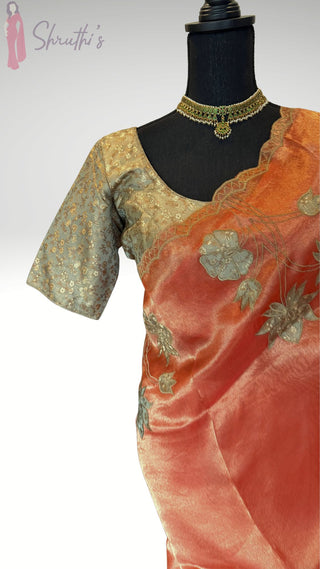 Pure Tissue Red pure silk saree stitched blouse brocade silk ready to wear altered to fit  online USA