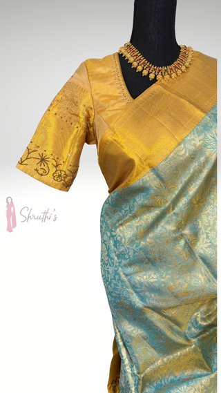 Bridal Gold Tissue  border Kanjivaram kalyana pattu ven pattu pure zari Pellicheera beige silk saree bridal with stitched hand embroidered blouse design USA gold saree