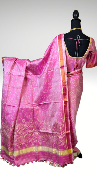 Pink pastel silk patola silk saree with  silk finish pallu with prestitched blouse