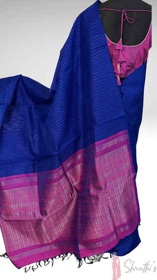 Handloom pure Raw silver zari silk saree with silver motifs  with printed blouse contrast blouse