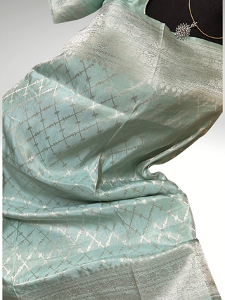 Pastel Blue Tissue Beneras silk saree with contrast blouse online shopping usa
