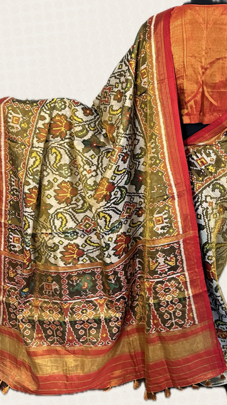 Tissue Handloom pure silk Patan patola silk saree with  silk finish pallu double threaded saree with prestitched blouse