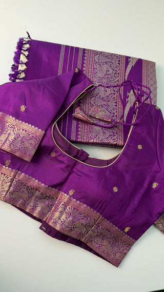 Ven Pattu kanjivaram purple  Kanchi pattu saree gold silver zari Indian wedding saree pure silk saree with stitched blouse usa online shopping