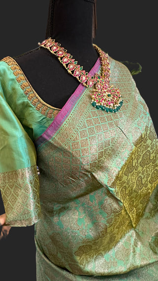 Green antique Benerasi silk saree with stitched  blouse online shopping usa