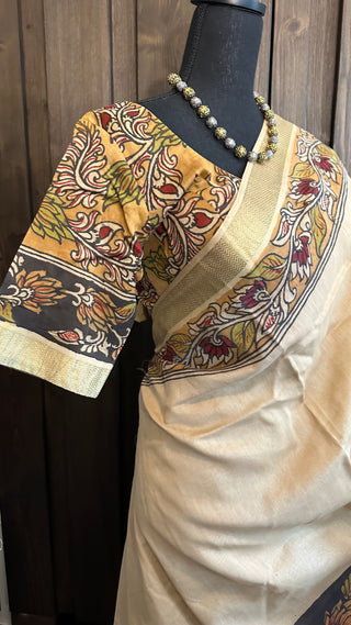 Pen Kalamkari hand painted embroidered  tussar saree online usa with stitched blouse