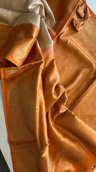 Ven pattu Orange saree White Cream and purple pure zari kanjivaram silk saree with prestitched blouse embroidered blouse