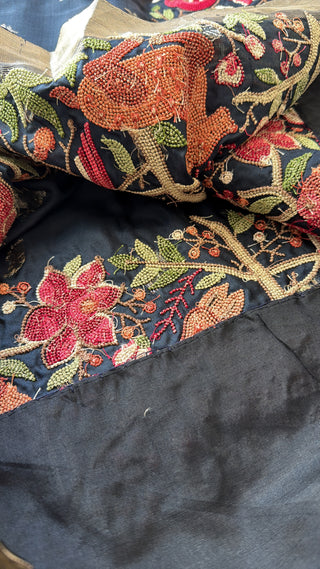 Black soft silk petite point Embroidery work saree kanjivaram with stitched blouse saree border