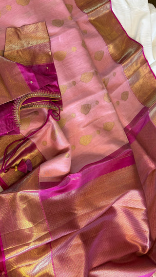 Bridal Gold Handloom Kora silk Pastel Pink pure kanjivaram silk saree stitched embroidered blouse online shopping usa  handloom silk saree