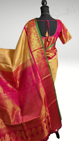 Pure Handloom ven pattu Ven pattu Beige  to pink  Gadwal silk saree gold zari silk with stitched blouse ready to ship USA Easy drape