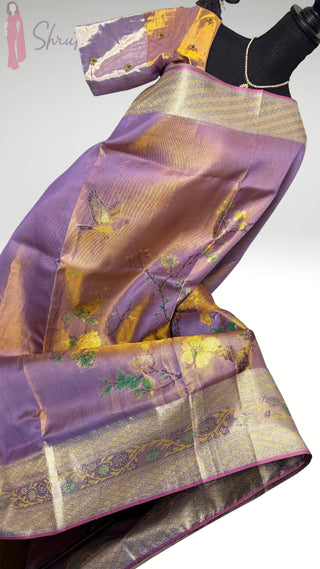 Kanjivram silver tissue woven floral design lavender pure kanchi pattu saree online shopping with embroidered stitched  blouse usa