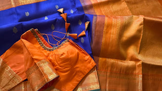 Blue Kanjivaram pattu  saree   Handwoven silk saree with stitched  blouse Hand embroidered gemstone blouse