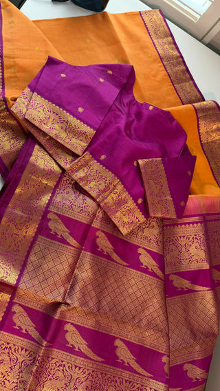 Pure kanjivaram vintage small border Orange purple  Kanchi pattu saree gold silver zari Indian wedding saree pure silk saree with stitched blouse usa online shopping