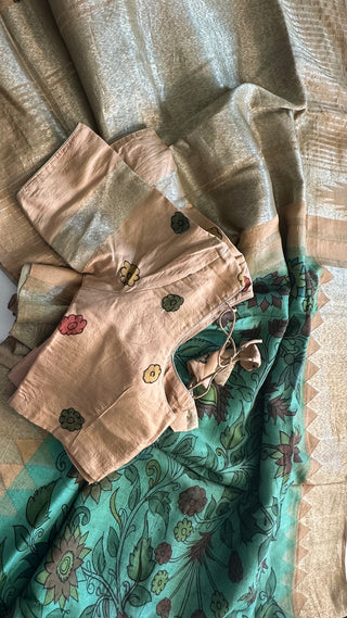 Turquiose Pen Kalamkari Kanchi pattu saree with silver zari pallu easy drape pure silk saree usa