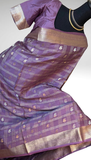 Handloom Pastel’s Lavender Georgette checks  Beneras silk saree with stitched blouse  online shopping Partywear