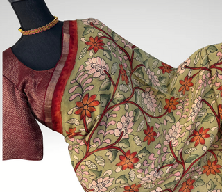 Pure pen kalamkari pure crepe pattu saree  yellow pen kalamkari saree with blouse online usa