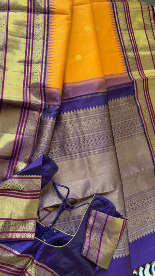 Apricot to Indigo Border Pure Kanjivaram Silk saree with stitched blouse ready to wear latest Diwali navarathri collection online USA