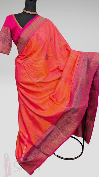 Orange Tussar Beneras Katan saree with prestitched blouse