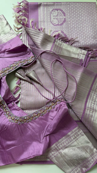 Pure Handloom Kanjivaram Pastel Lavender silk saree silver zari online stitched blouse brocade  blouse  one of a kind elegant easy drape  silk saree online shopping