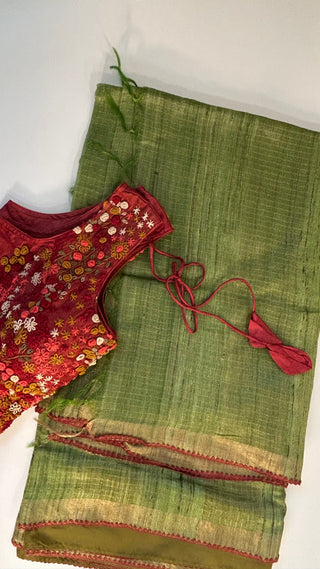 Asparagus Green sleeveless blouse saree Handloom silk Tussar with embroidery sleeveless silk blouses zari borders and fine checks Partywear bridesmaids