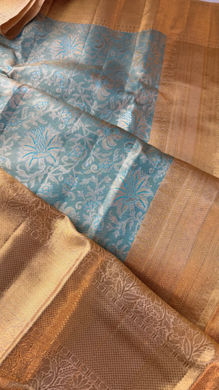 Bridal Gold Tissue  border Kanjivaram kalyana pattu ven pattu pure zari Pellicheera beige silk saree bridal with stitched hand embroidered blouse design USA gold saree