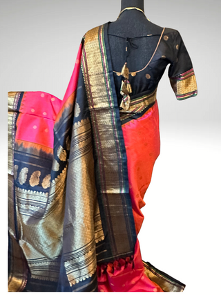 Pink dual shade color Gadwal handwoven silk saree with stitched blouse online