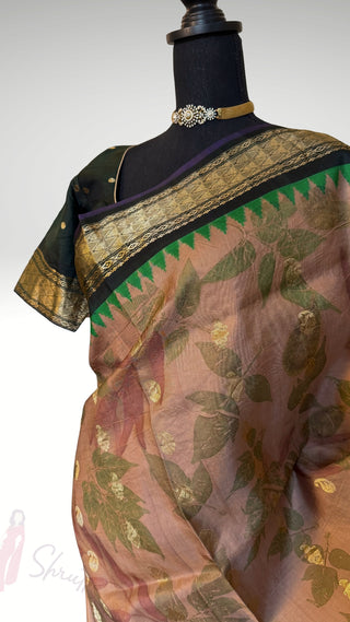 Vintage weaves pure Handloom silk Eco print Goldish Brown butta Gadwal silk saree with stitched  blouse