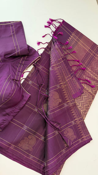 Pure Soft Silk Saree Purple checks silk saree with embroidered  Stitched Blouse Indian Saree Online USA Ready to Ship Saree Online USA Easy Drape