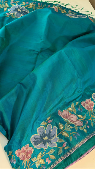 Embroidered silk saree peacock blue color with stitched blouse usa 