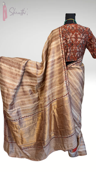 Tussar handloom silk with cut work kalamkari embroidered border saree online shopping with prestitched blouse